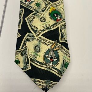 Vintage 1995 Looney Tunes dollar bills money 100% Polyester tie Warner Bros